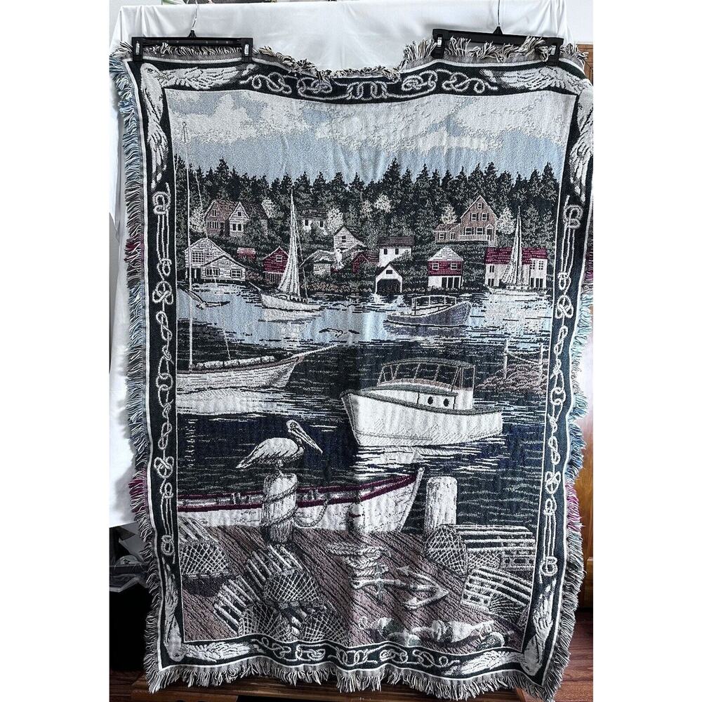 GOODWIN WEAVERS BOATS PIER FRINGED TAPESTRY THROW BLANKET 60X43 Fathers Day